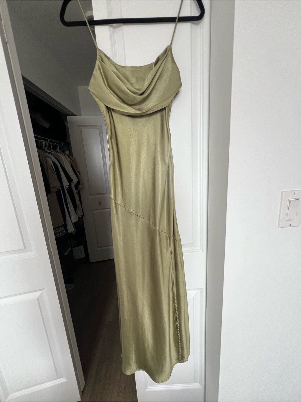 Olive Green Satin Cowl Neck Maxi Slip Dress